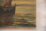 Visible red signature on the lower right corner of the antique oceanscape painting.