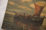 Detail of antique oceanscape painting: fishermen in a boat, muted red sail, and water reflections.