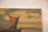 Textured upper right corner of the antique oceanscape painting, showing soft green and pale yellow sky.