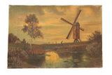 Antique Dutch countryside oil painting featuring a windmill, boy, and golden reflections.