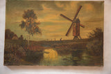 Countryside painting with a red windmill, a small figure, golden sky, and water.