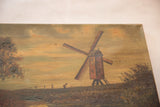 Antique landscape painting upper right corner detail with windmill blade and aged canvas texture.