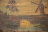 Textured brushstrokes of the river and distant red windmill in the antique landscape painting.