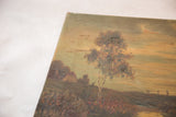 Impasto textured tree, soft earthy tones, and worn canvas edge of the antique painting.