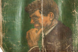 Detail of Kal Greene painting's textured surface, showing moisture damage and peeling green paint.