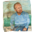 Vintage Kal Greene portrait of a man in blue, moisture-damaged loose canvas, 25x25.