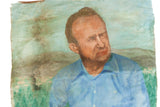 Textured loose canvas with mottled moisture damage on vintage Kal Greene painting.
