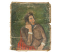 Vintage Kal Greene portrait of a woman, green background, distressed canvas, 20x24.