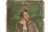 Close-up of vintage Kal Greene portrait, highlighting figure's profile and distressed green background.