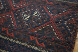 Intricate Soumac flatweave of an antique Belouch rug with classic red and charcoal tones.