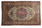 Antique Persian Kermanshah rug, late 19th century, ornate red medallion on an ivory floral field. 4'1