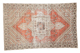 Distressed Turkish Oushak rug, dusty red geometric medallion on ivory field, 3'8