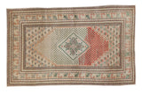 Vintage Distressed Oushak rug with central medallion, mint green and brick red abrash field, 2'11
