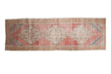 Distressed Oushak runner, blush, faded red, beige, triple stepped diamond medallions, 3'4