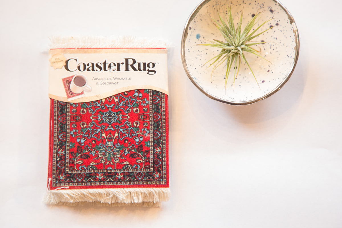 Deep red Bijar CoasterRug set features allover intricate blue and green floral pattern, 3.5x4.25 inches.
