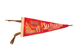 Red San Francisco China Town felt flag with Chinese architecture, lanterns, and figures, 4x9.