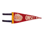 Vintage Onset Mass. felt pennant, faded red with sailboat graphic, white text, yellow trim, blue ties, 4.5x12.