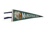 Vintage green felt Mansfield, Ohio flag, Native American man in headdress, 4.5x12.