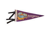 Purple felt Pittsburgh pennant with colorful Fort Pitt Block House graphic, 5 x 11.5 inches.