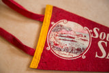 Souvenir of Santa Catalina felt flag, vibrant red felt texture and yellow binding.