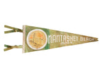 Nantasket Beach Mass. felt flag with sewn lighthouse, sailboats, and green patina, circa 1950s.