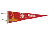 Red felt New York Statue of Liberty flag with white lettering, vintage 1960s, 8x25 inches.