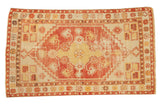 Distressed vintage Oushak rug, red and saffron diamond medallion, stepped spandrels, 3x5.