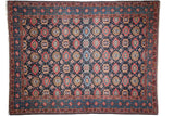 Vintage Fine Malayer rug with an allover Veramin motif in brilliant raspberry red, sky blue, and saffron on an indigo field.