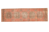 Distressed vintage Oushak runner rug, dusty raspberry red with floral medallions, Kufic borders. 3'5