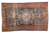 Antique Malayer rug, ornate medallion, allover Herati pattern, deep indigo, madder red, foundation wear, 4x6'4.
