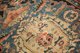 Antique Malayer rug's worn Herati pattern showing foundation in indigo, madder red, ivory.