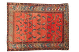 Antique Hamadan rug with an abrashed blush field and varied multi-color Herati Mahi motifs.