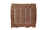 Vintage Persian Belouch Bag Face mat with geometric water motif, ivory, brown, camel colors. 1'8