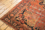 Worn antique Farahan Sarouk corner, delicate floral vinery in dark blush and navy.