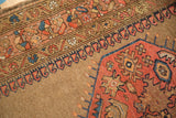 Rectilinear floral medallion, mini botehs, and geometric border of antique Caucasian rug, wear to knot heads.