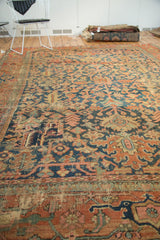 Antique Heriz rug's stylized geometric vinery and leaves in rich indigo and terra cotta.