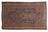 Antique Fine Qashqai rug: indigo triple diamond medallions, wine red Herati field, 4'3