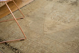Close-up of Vintage Oushak carpet pile, with subtle diamond pattern and light interior staining.