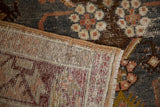 Distressed pile texture, woven foundation, and fringe detail of a vintage Anatolian rug.