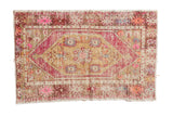 Distressed vintage Oushak rug, oblong gold medallion, bright pink, purple, silver, ivory, 2'7