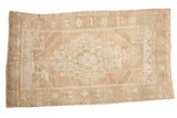 Vintage distressed Oushak rug, oversized stepped medallion, soothing tone-on-tone sand and beige.