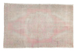 Vintage Distressed Oushak rug, pale pink, ivory roundel medallion, low pile, 4'5