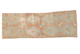 Vintage Distressed Oushak runner with faded cinnabar, sea foam, ivory geometric pattern.