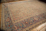 Antique Persian Mahal carpet with sky blue gem-tone border, classic allover Herati motif.