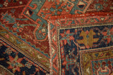 Antique Karaja rug detail: cherry red and navy geometric patterns, intact cord selvage, tattered end.