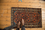Vintage Hamadan rug featuring Herati motif, prominent brick red, sky blue, and green hues.