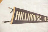 Cream 'HOUSE H.S.' lettering on vintage dark felt pennant with subtle texture.
