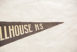 Dark felt pennant detail, showing 'HOUSE H.S.' in cream with blue mark at tip.