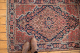 Josan Sarouk corner shows rococo spandrel, navy, blush floral vinery, and light tatter.