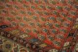 Antique Hamadan rug: Madder red field, allover boteh motifs, varied colorful minor border.